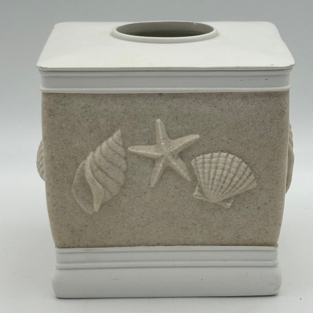 Coastal Seashell Starfish Sand Textured Resin Square Tissue Box Cover White